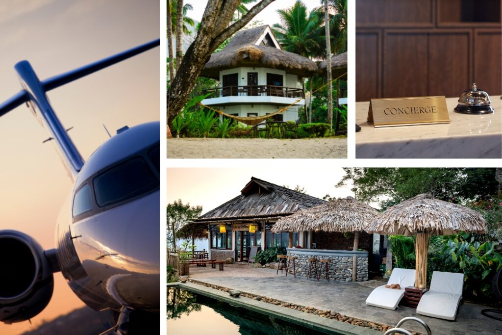Collage representing modern luxury travel trends and technology
