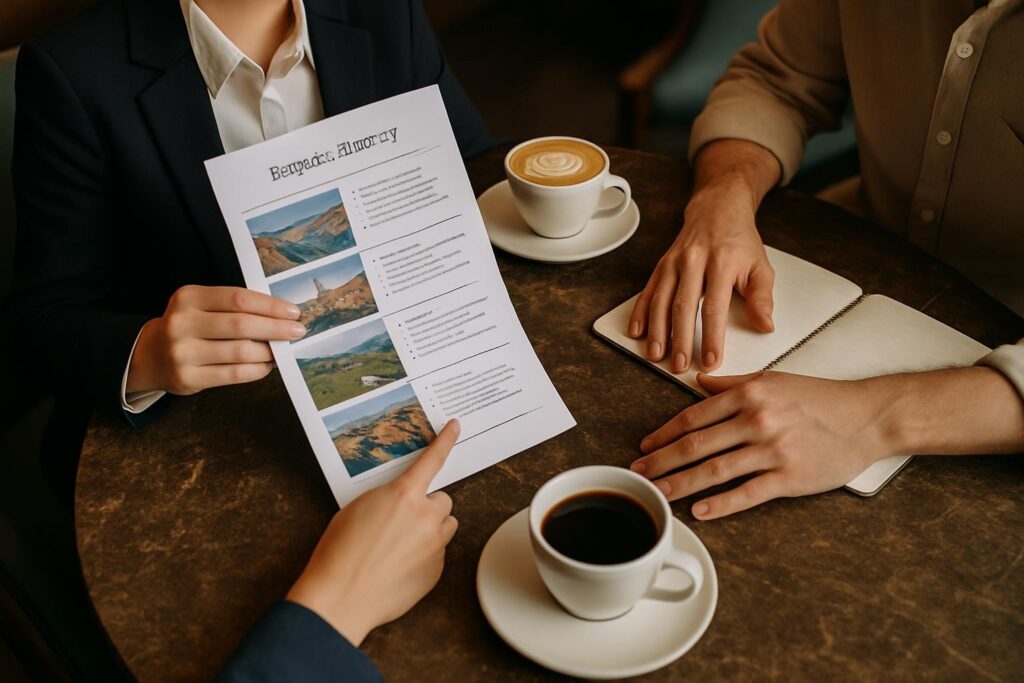 Hands arranging a personalized travel itinerary on a table